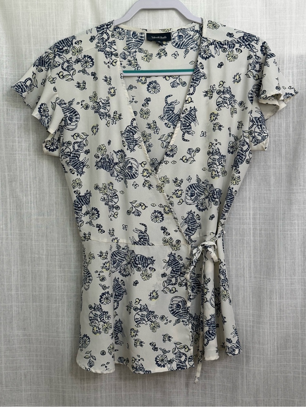 ModCloth Cat Print Blouse Flutter Sleeve True Wrap Top Size M